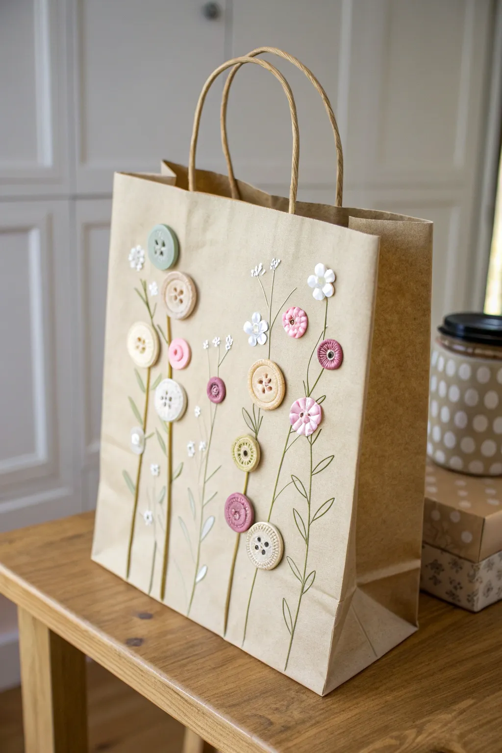 Embrace whimsy: Craft your own button-embellished paper bag with floral flair.