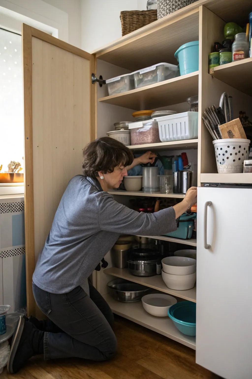 Regular decluttering maintains an organized kitchen.