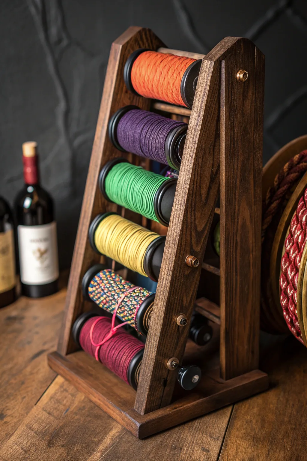 Craftsmanship meets creativity: Transform an old wine rack into a vibrant paracord organizer.