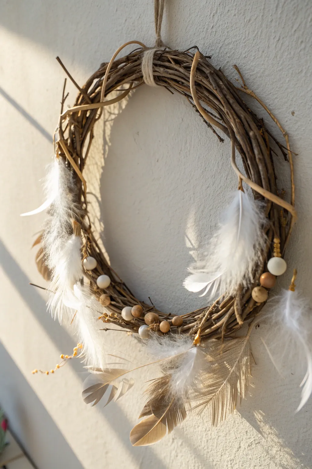 Embrace boho chic with this feathered wreath, a perfect blend of natural beauty and whimsical charm.