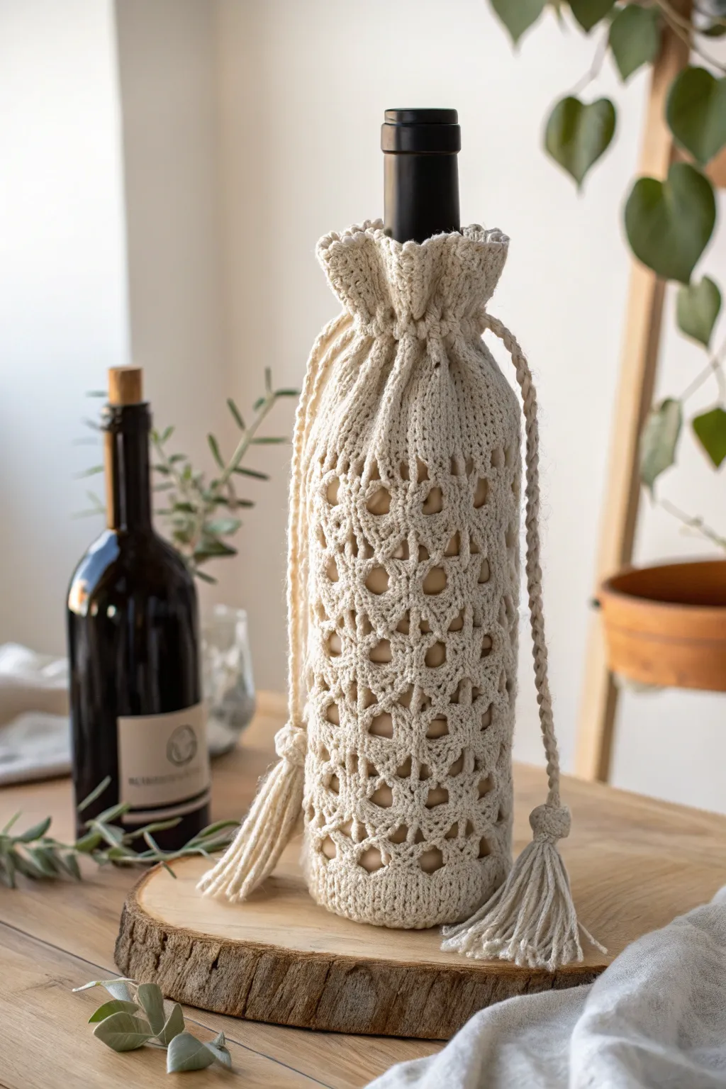 Wrap your wine gifts in elegance with a handcrafted knitted bottle bag. Perfect for those who cherish simplicity and style.