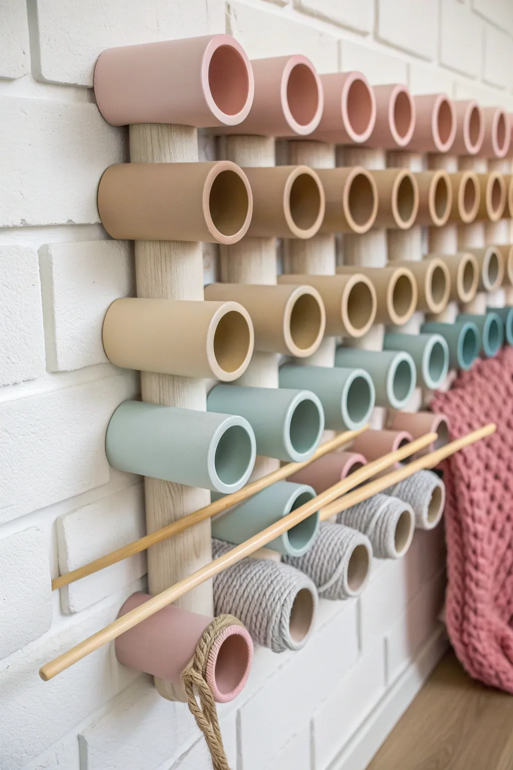 Transform your knitting space with a chic and practical PVC pipe display – a perfect blend of style and functionality.