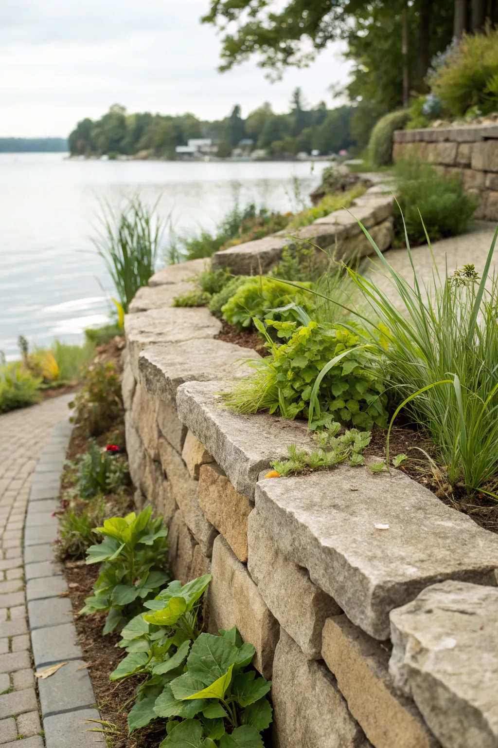 Elevate your lakefront with the perfect blend of craftsmanship and nature — a bioswale-enhanced retaining wall.