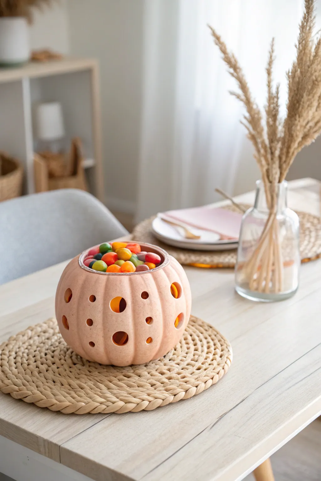 Sweet simplicity: A candy-studded pumpkin that combines autumn charm with a touch of whimsy.