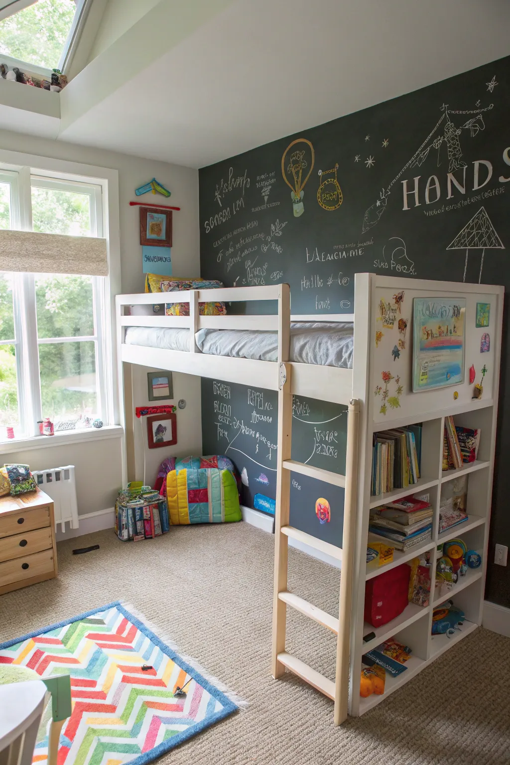 An interactive learning zone under the loft bed.