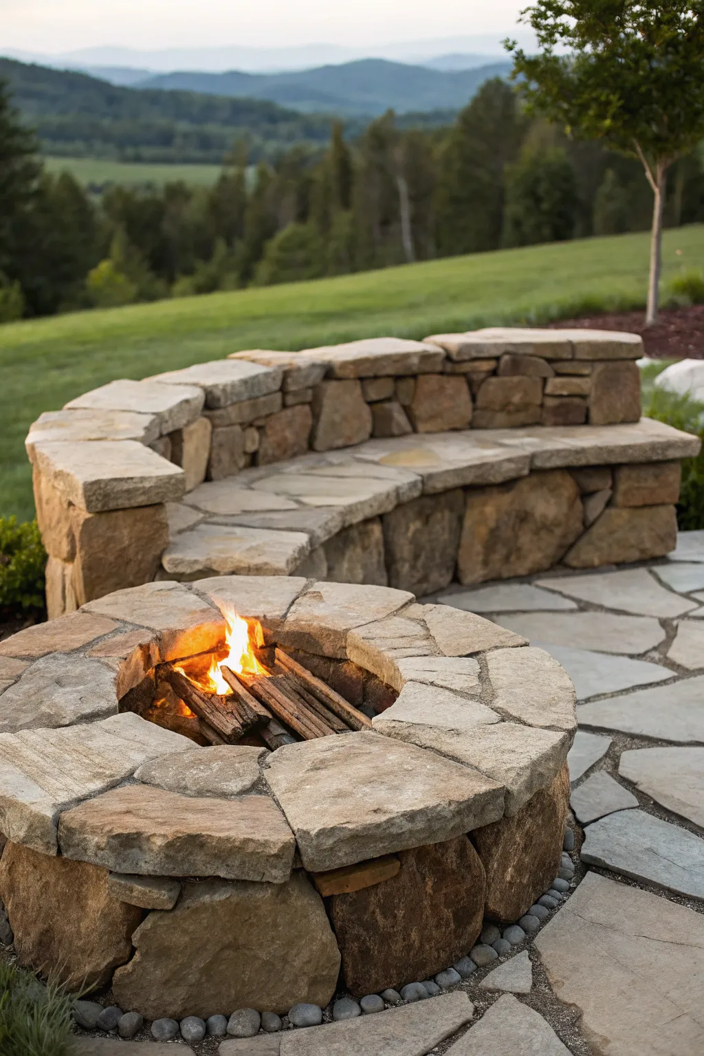 Embrace nature's elegance with rustic stone seating around your fire pit.