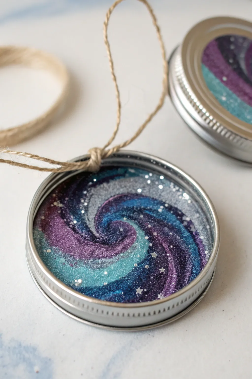 Transform your decor with a cosmic touch using these glittery galaxy mason jar lid ornaments.
