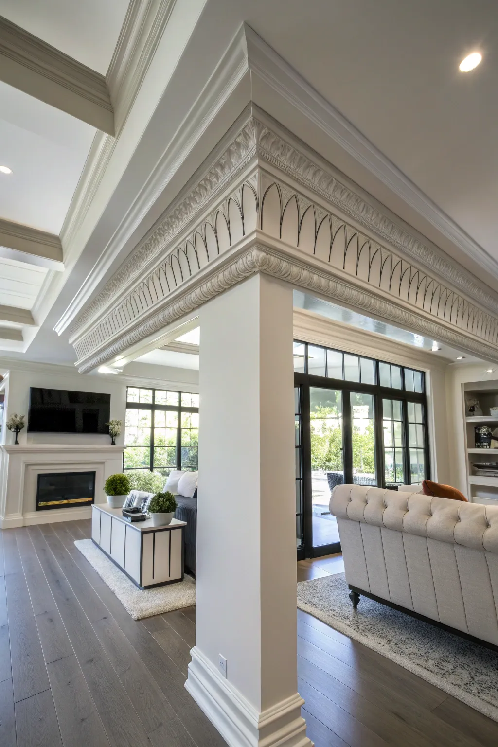 Innovative material crown molding in a futuristic living room.
