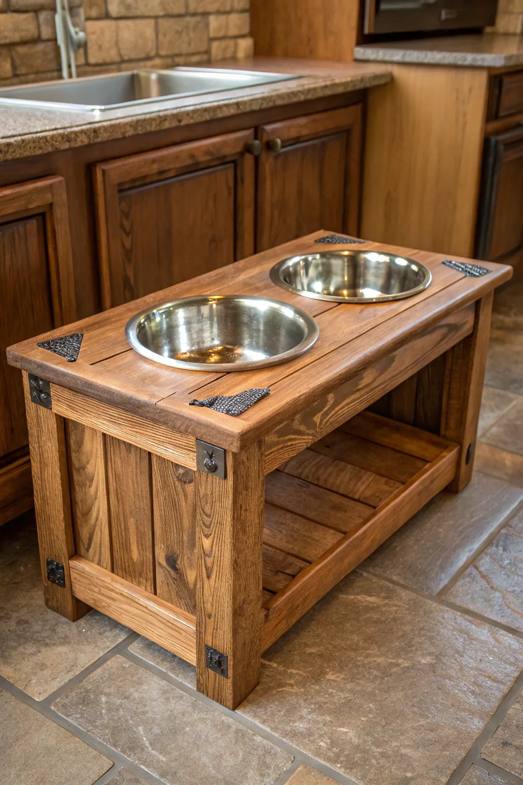 Transform your space with a stylish pet feeding station crafted from repurposed wood.