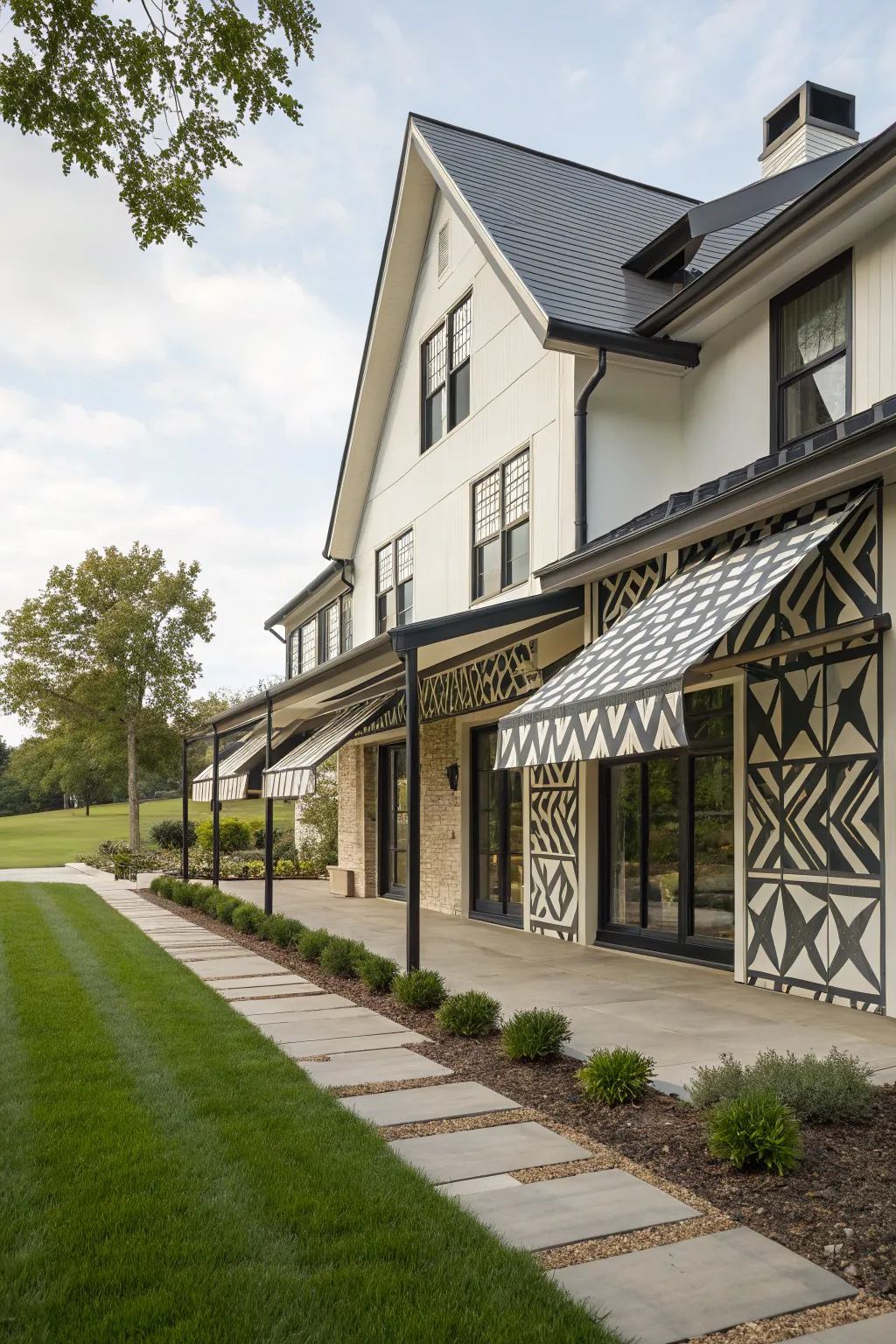 Geometric pattern awnings make a bold and artistic statement.