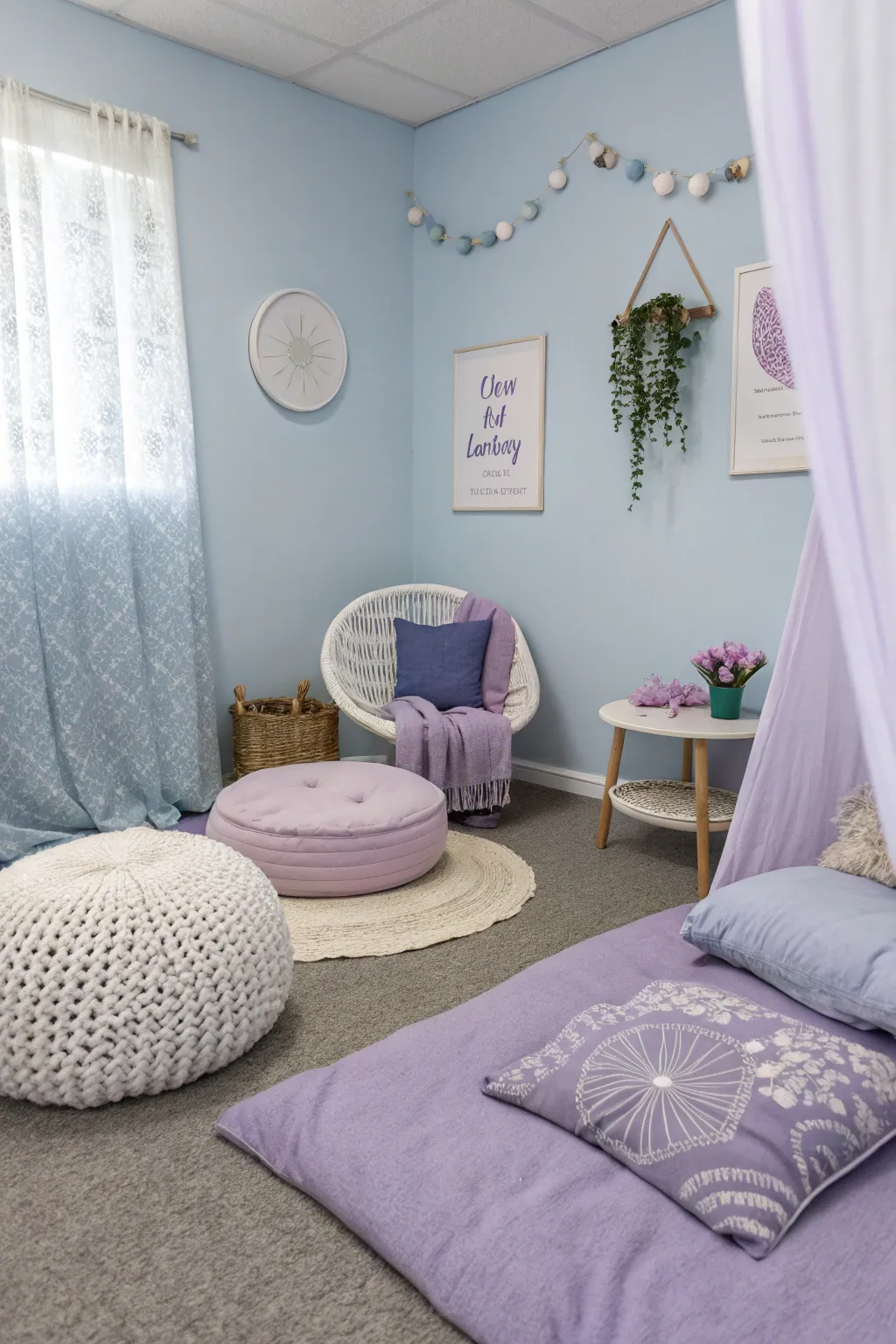 A peaceful periwinkle room that soothes with its gentle tones.