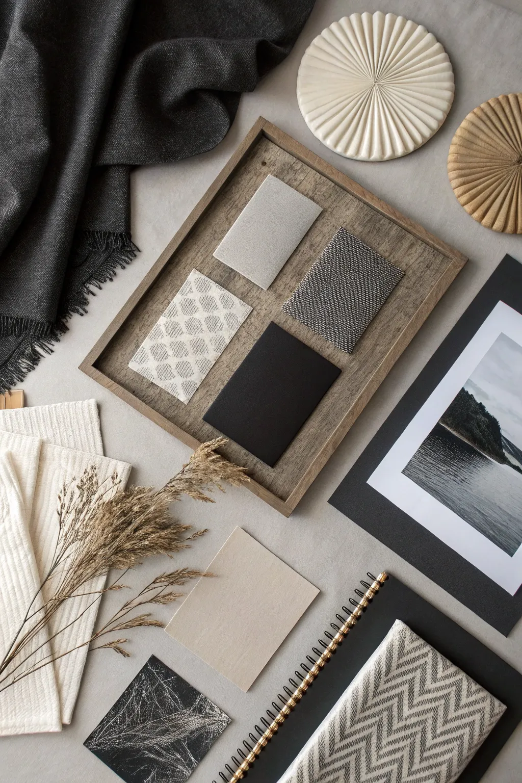 Monochrome mood board showcasing depth and cohesion.