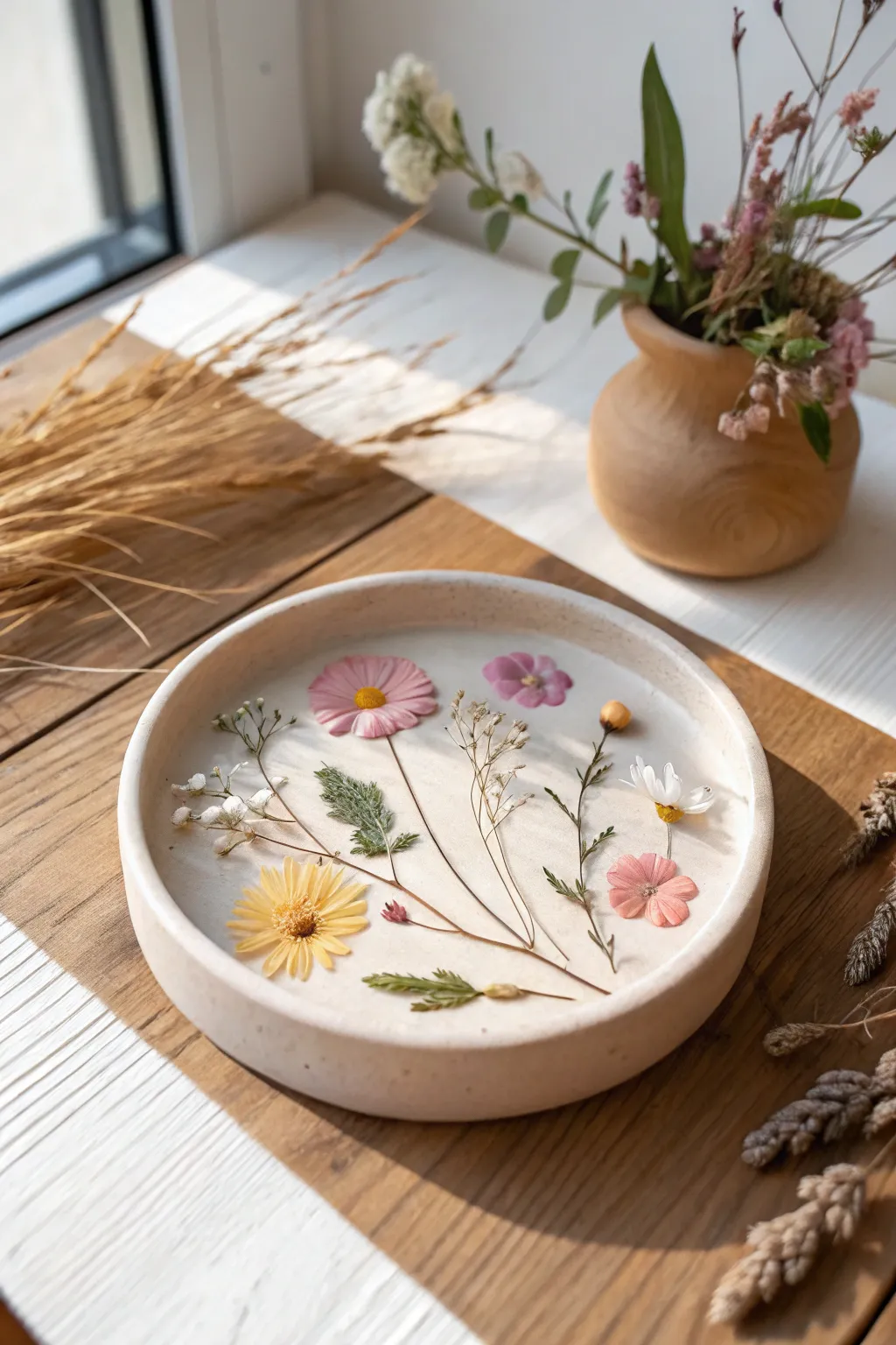 Elegance in simplicity: A stunning pressed flower clay dish perfect for mom's precious trinkets.
