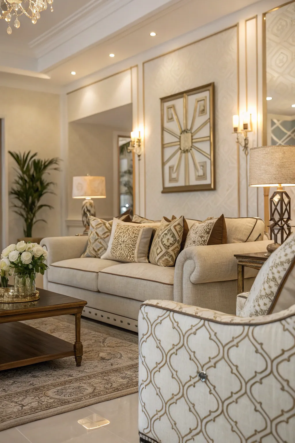 Subtle patterns in textiles add visual interest to a chic, neutral living room.