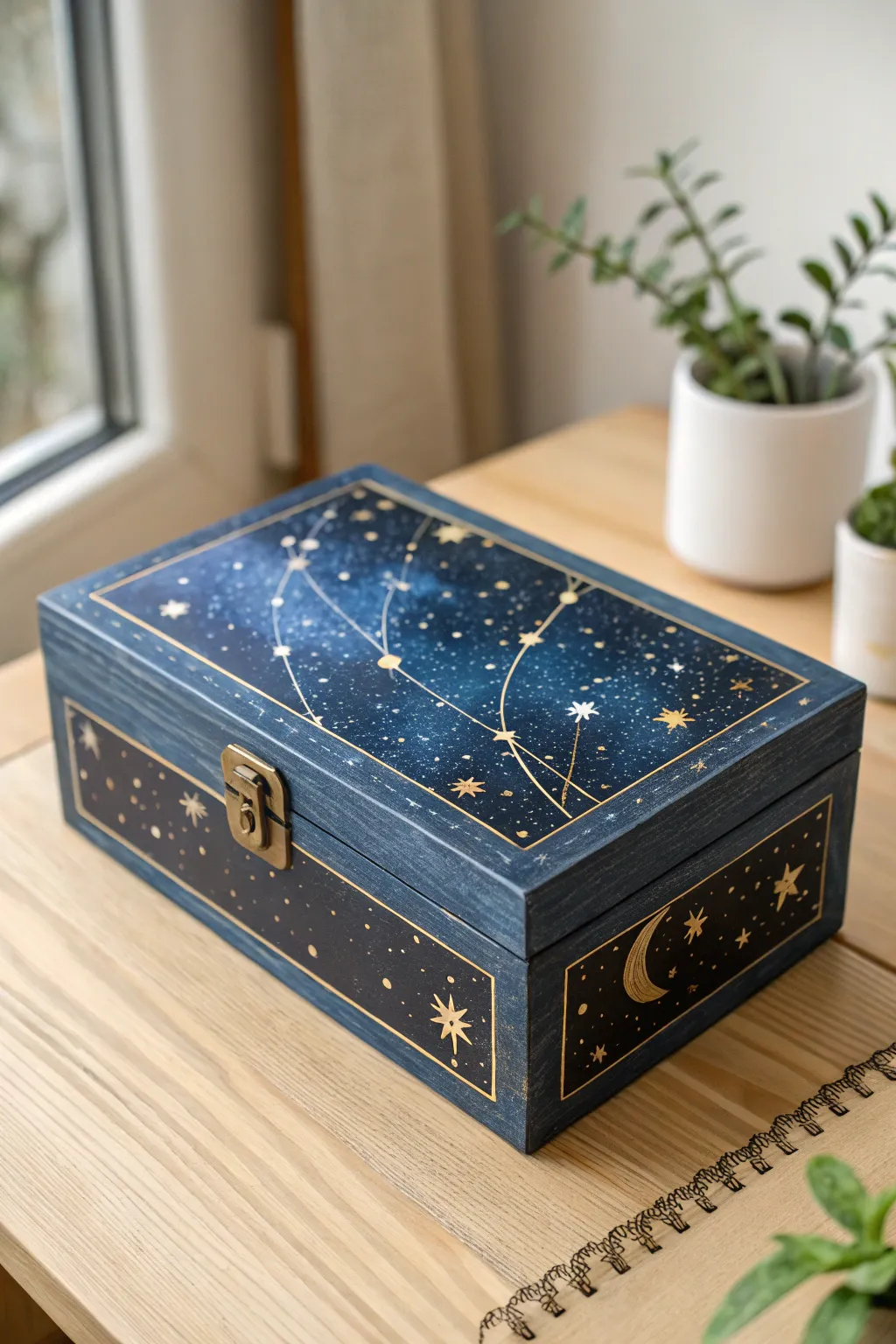 Capture the magic of the cosmos with a hand-painted starry night sky box, perfect for adding a touch of dreamy elegance to your decor.