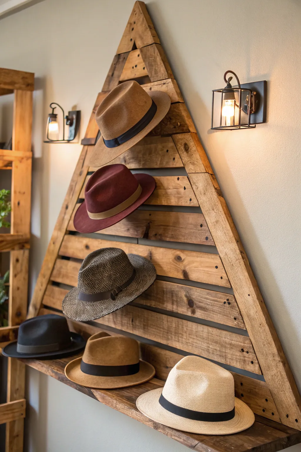 Elevate your space with an asymmetrical pallet hat rack that marries modern design with timeless craftsmanship.