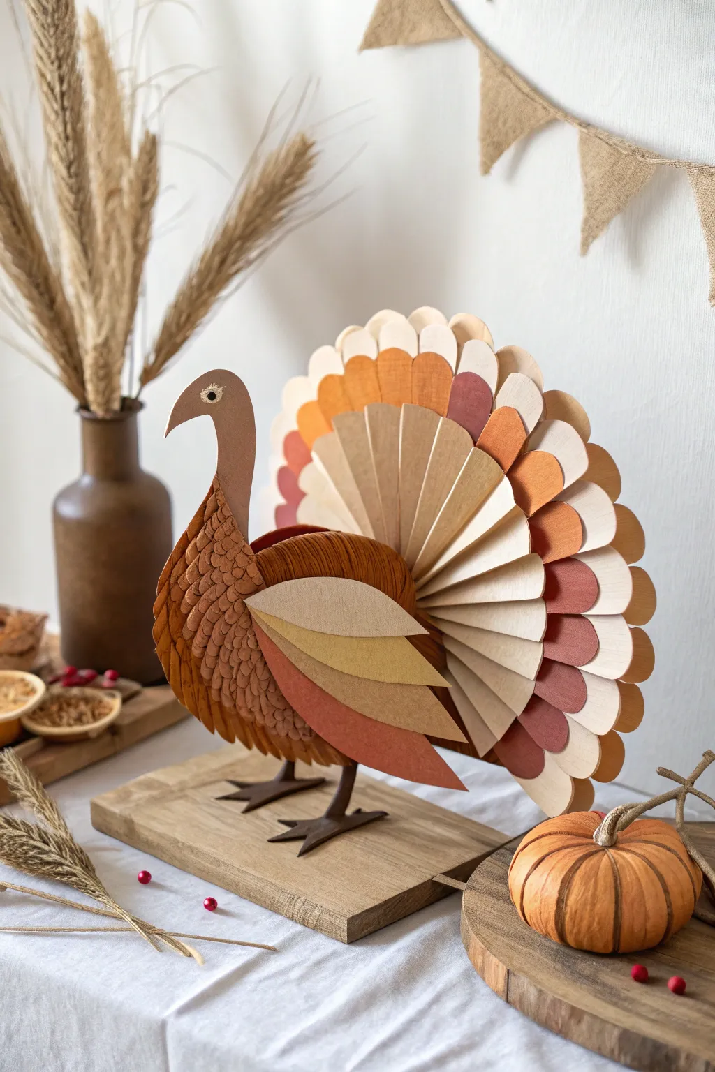 Elevate your holiday decor with this stunning layered cardstock turkey, where minimalist design meets artistic flair.