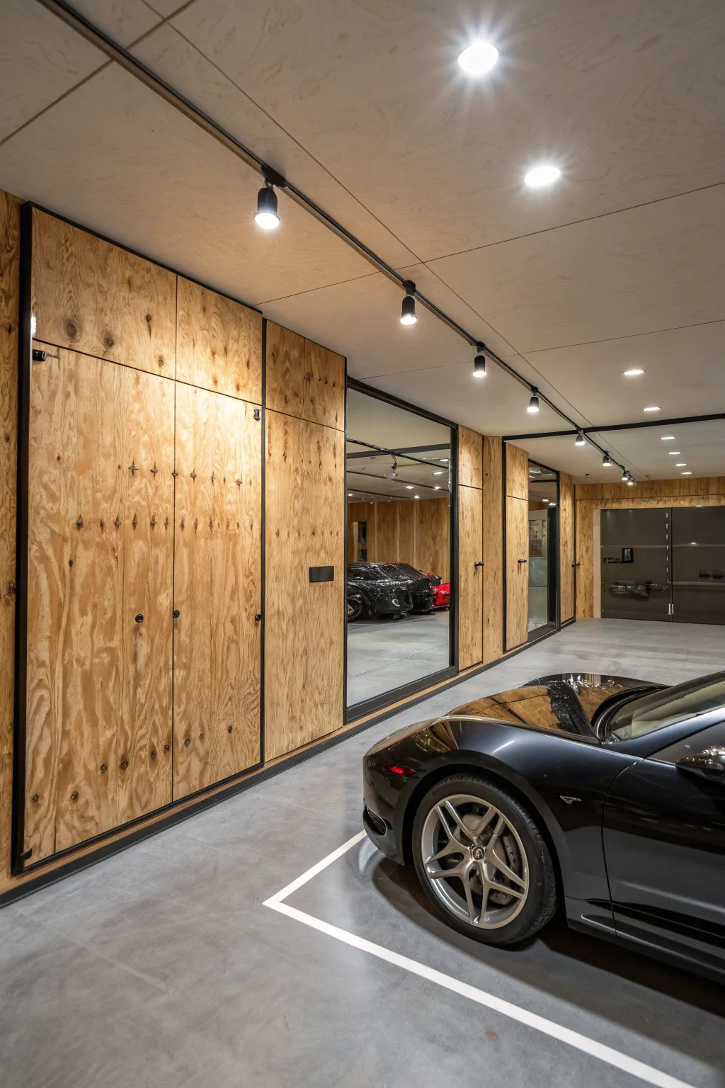 Transform your garage with the elegance of plywood and the clever use of mirrors for a spacious feel.