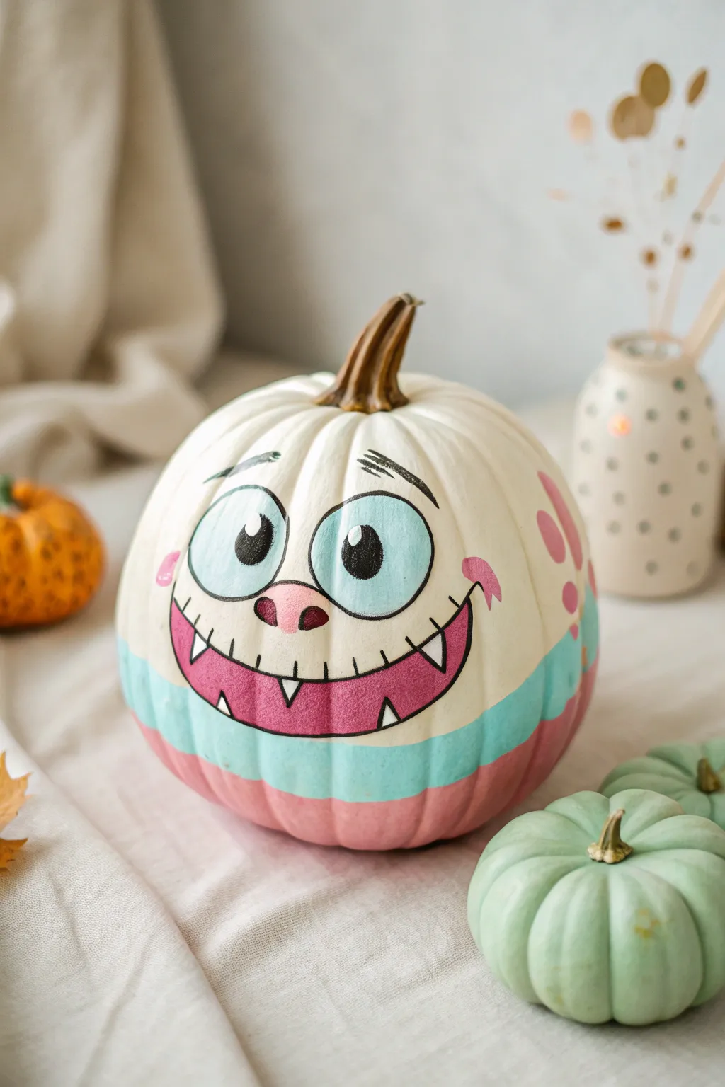 Bring a smile to your Halloween with this adorable friendly monster pumpkin, perfect for adding a playful touch to your festive decor!