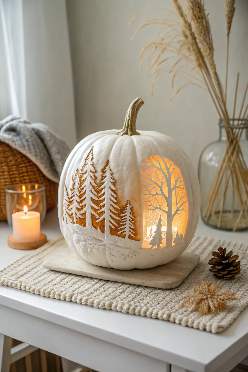 Embrace the transition of seasons with this frosted forest pumpkin carving.