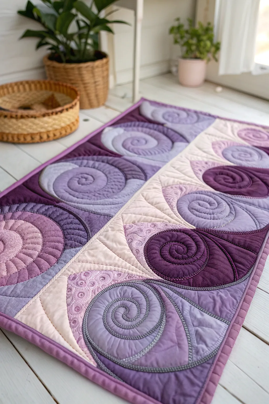 Discover the elegance of movement with these enchanting purple spiral quilt patterns.