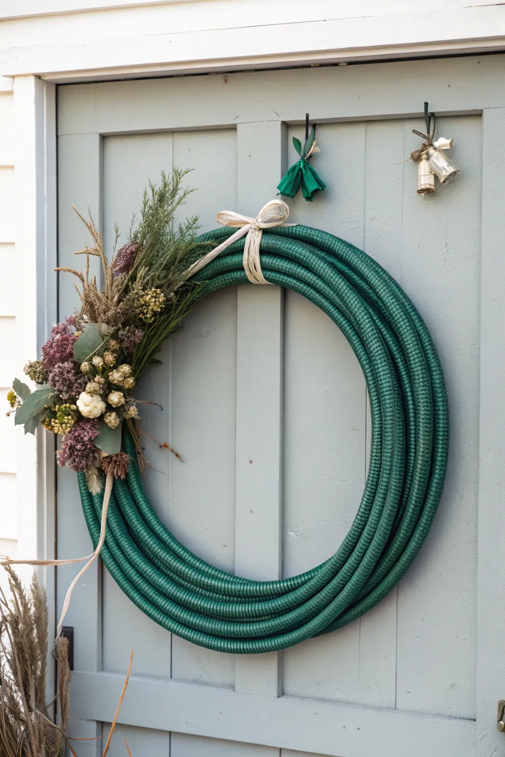Transform your worn-out garden hose into a charming wreath, perfect for adding a touch of recycled elegance to your garden shed!