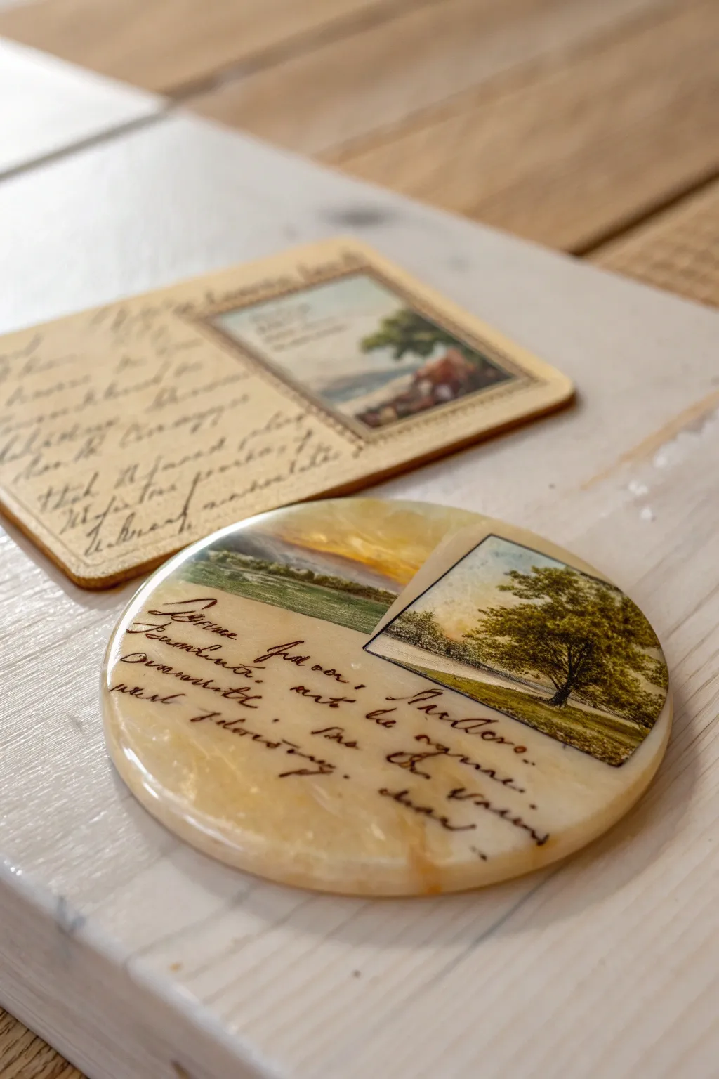 Capture timeless elegance with vintage postcard resin coasters—where history meets artistry.
