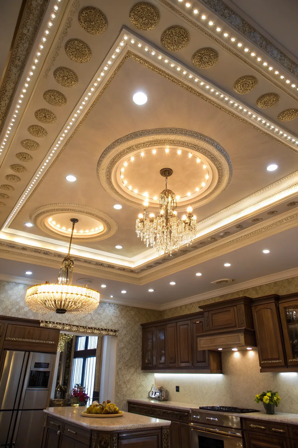 Layered lighting enhances ambiance and functionality.