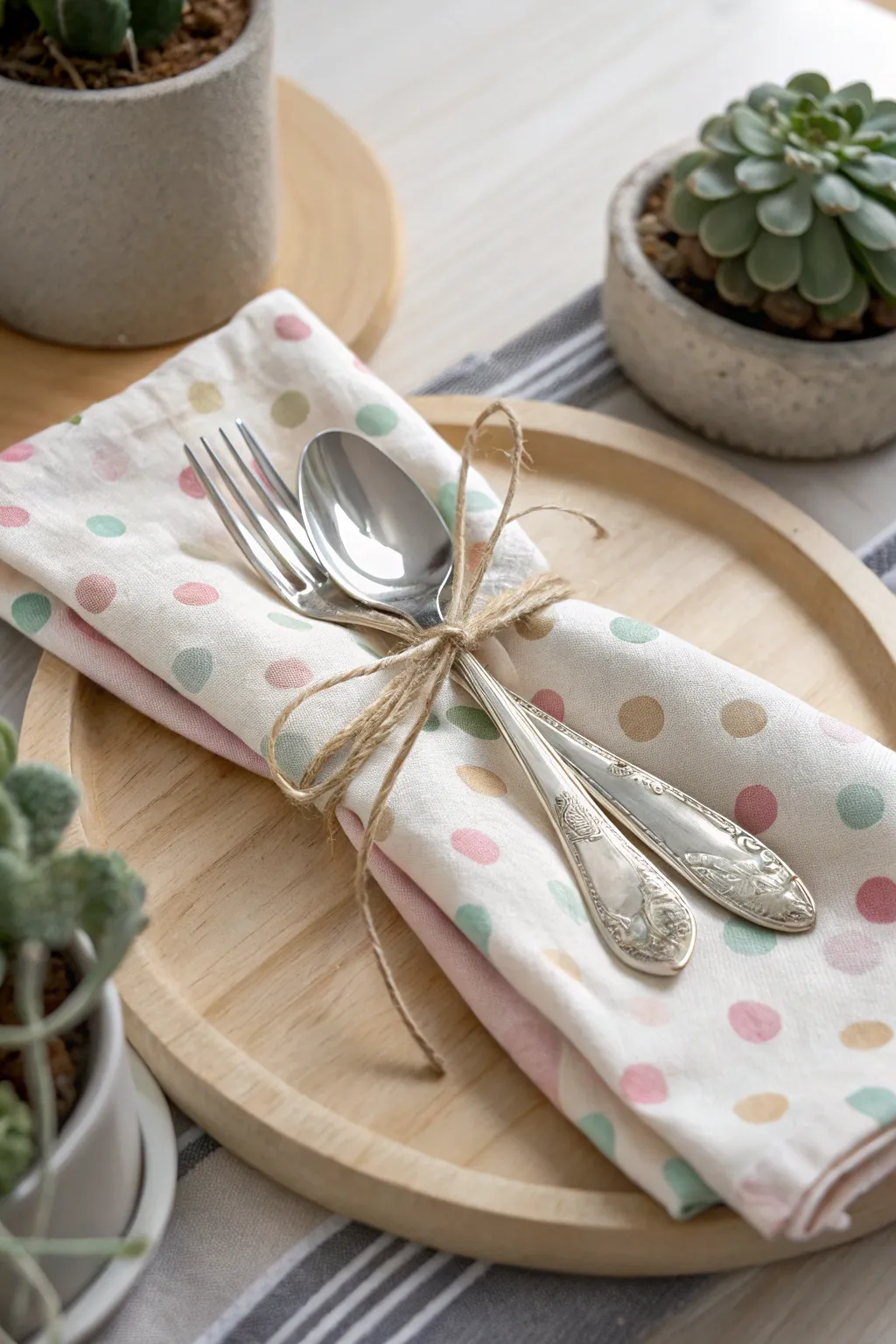 Add a playful twist to your party table with charming polka dot fabric wraps for your silverware.