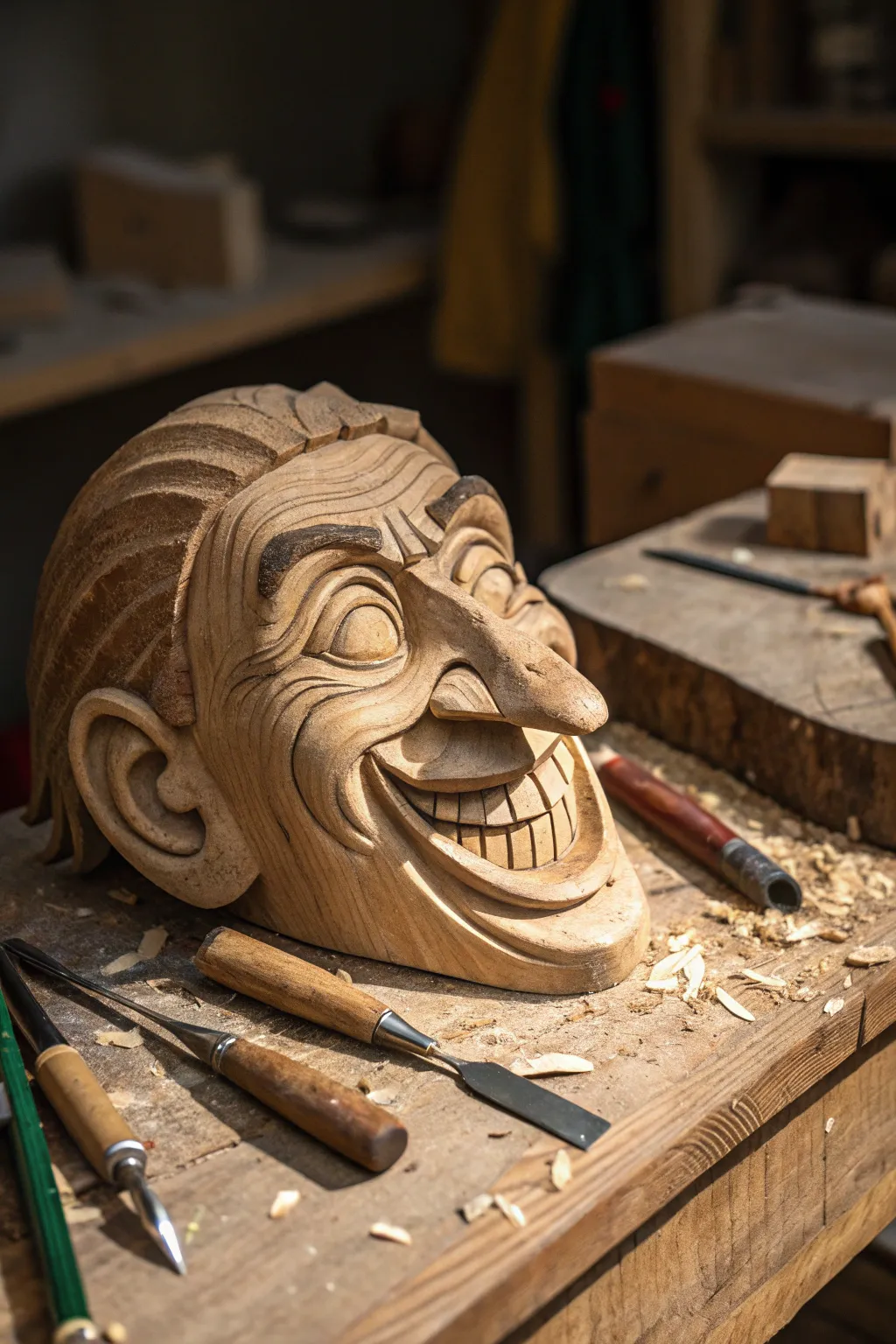 Crafted Laughter: A whimsical wooden caricature that brings a smile to any face.