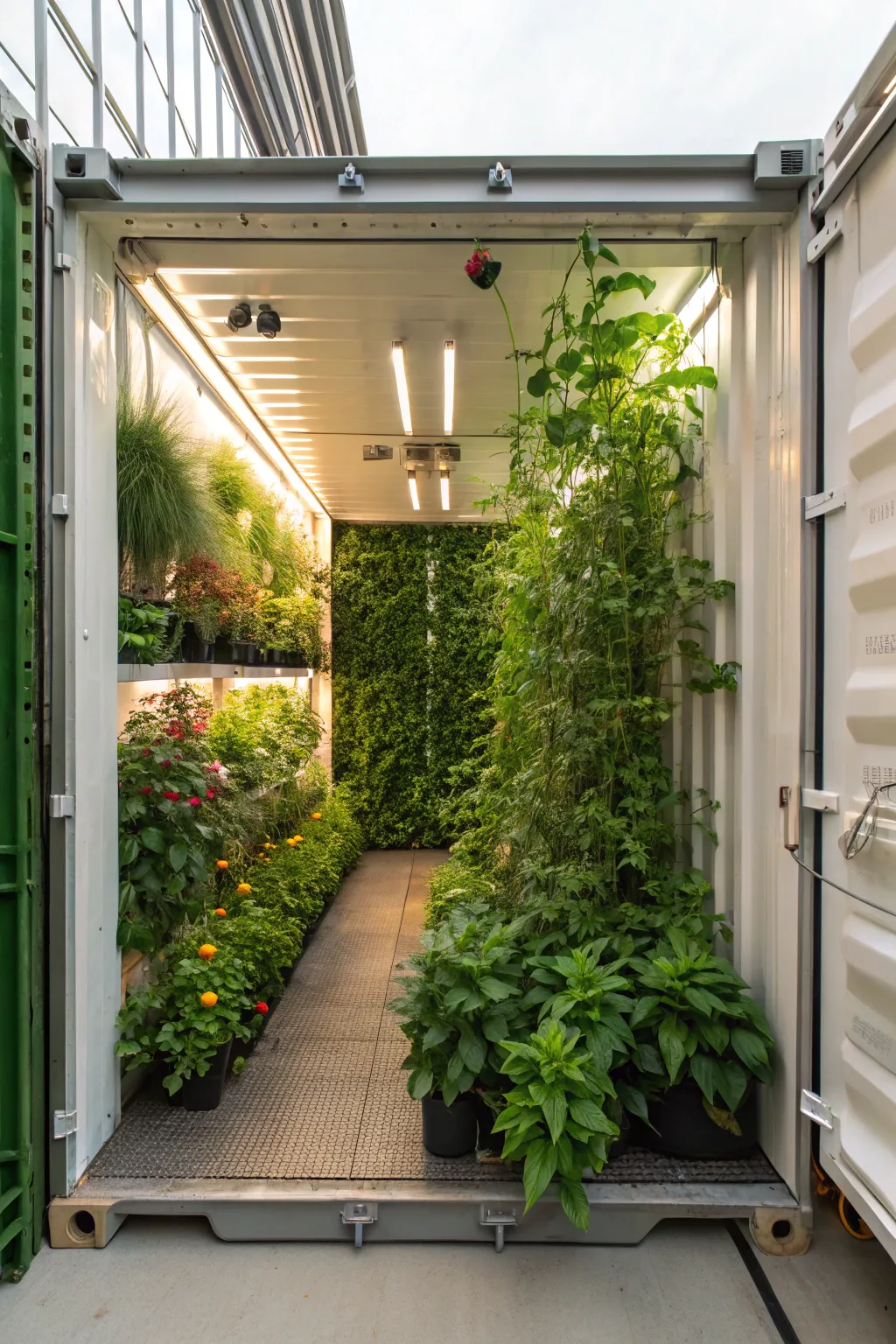 A shipping container converted into a flourishing greenhouse.