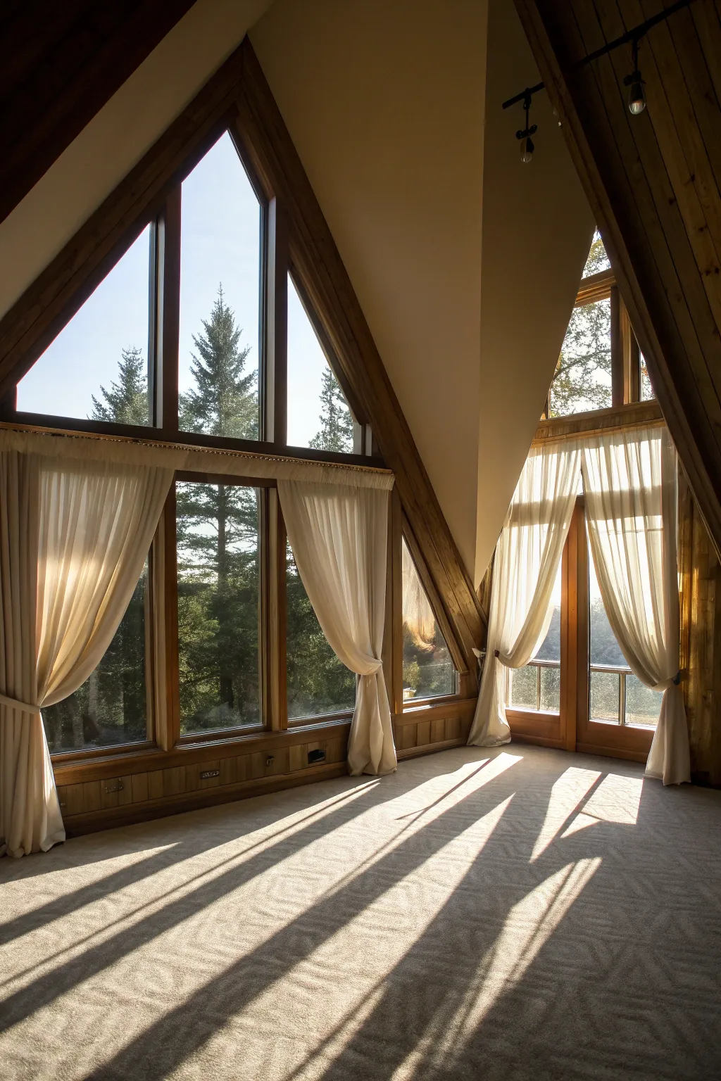 Triangle window treatments highlight architectural features.