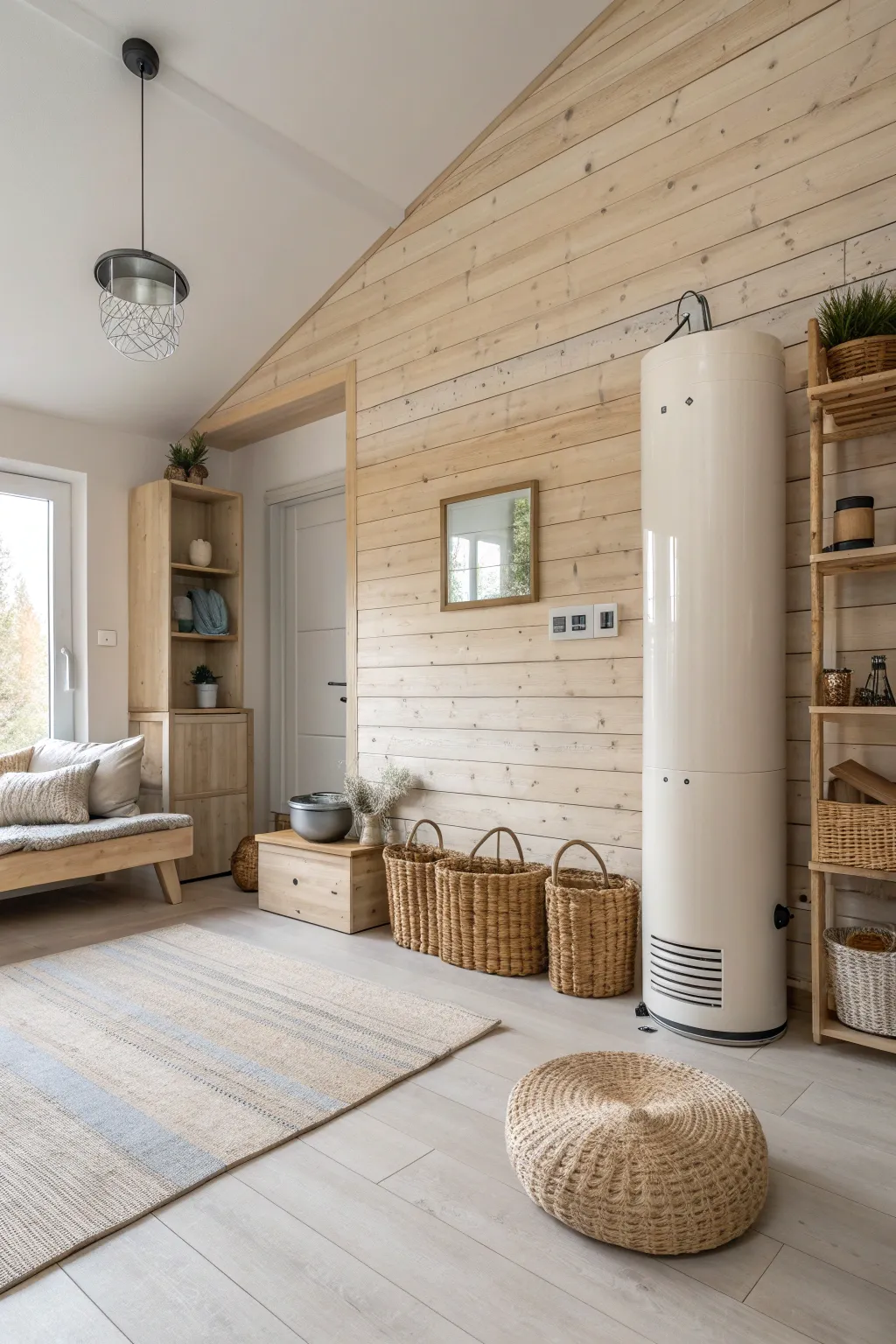 A faux wall keeps your water heater hidden in plain sight for a clean, open look.