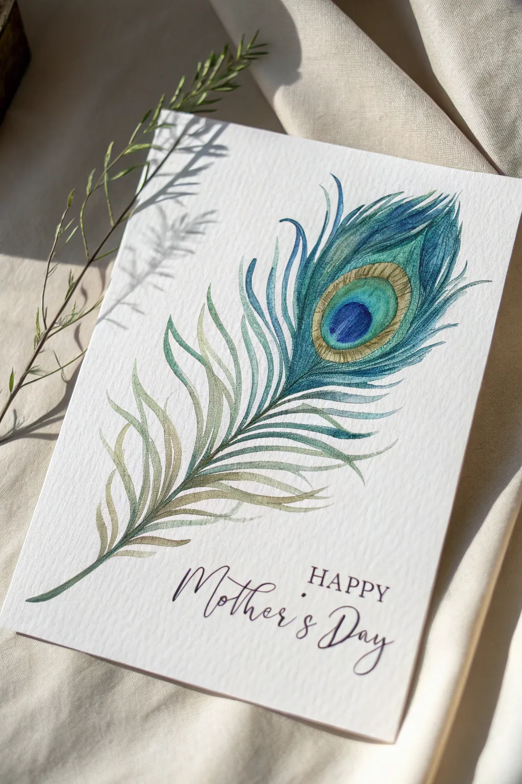 Celebrate Mother's Day with the exotic elegance of watercolor peacock feathers.