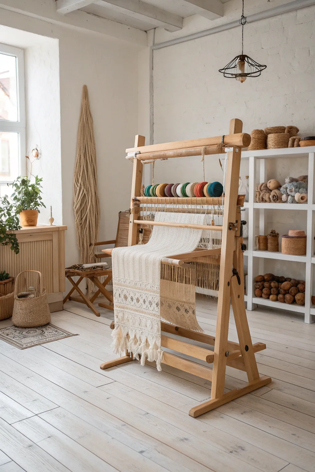 Embrace flexibility in your weaving studio with a minimalist loom centerpiece that inspires creativity and adaptability.