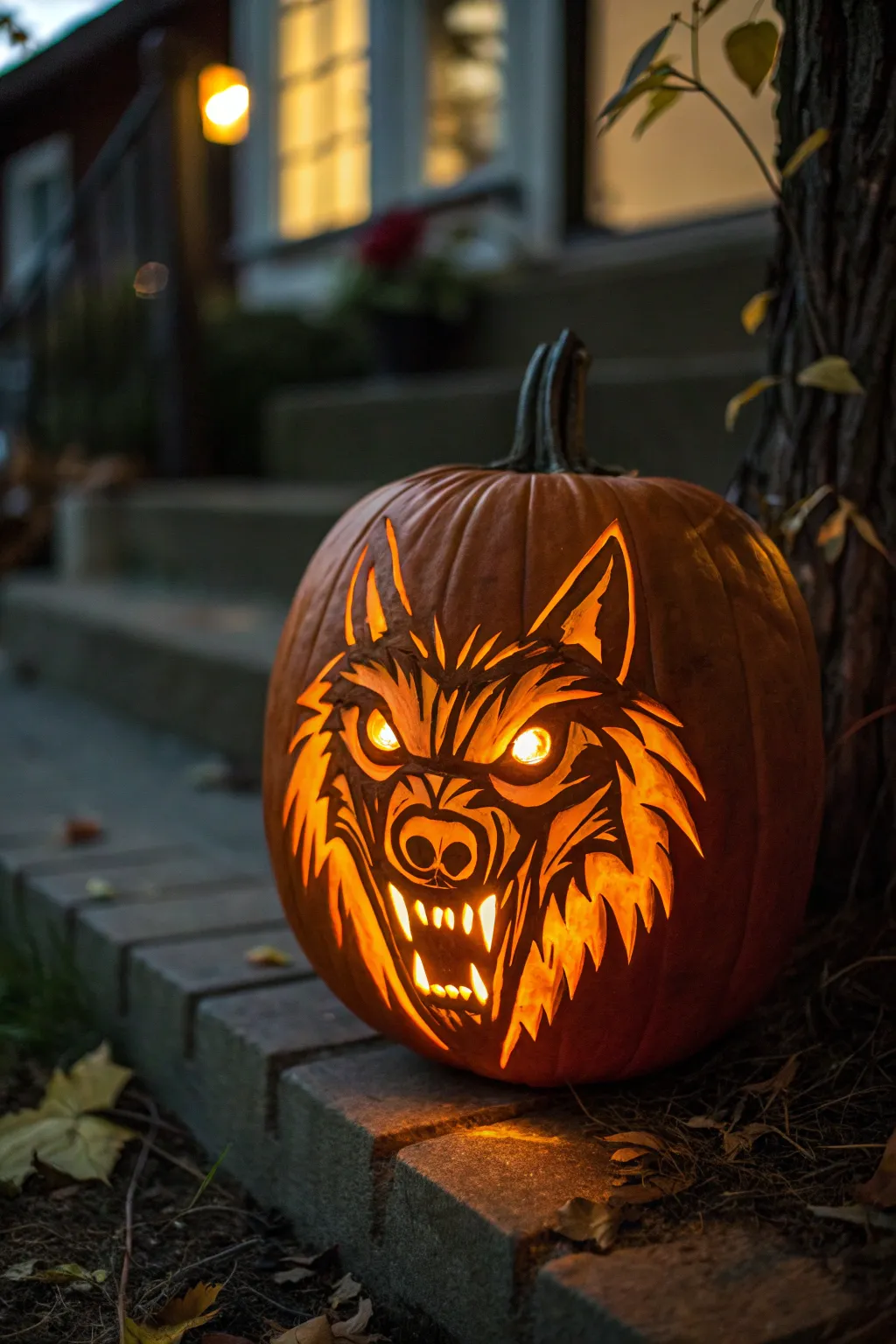 Witness the haunting gaze of the werewolf pumpkin, where craftsmanship meets chilling allure.