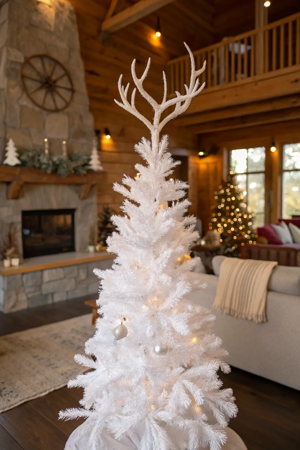 White glittered antlers create a bold and unique tree topper.
