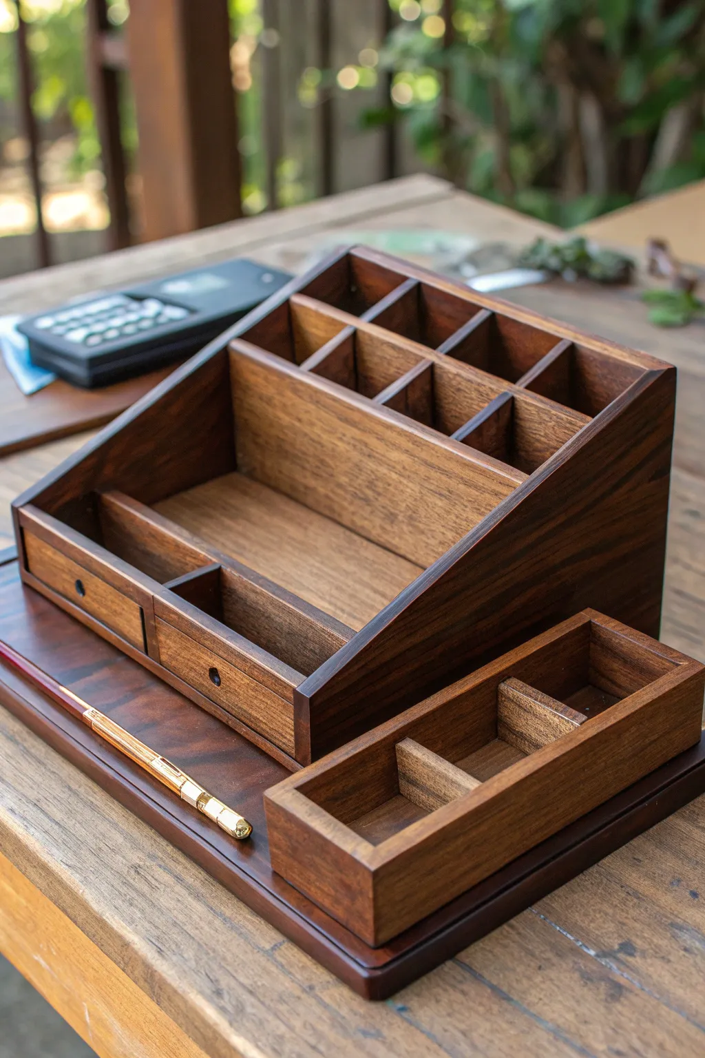 Elevate your workspace with this stunning handcrafted wooden desk organizer—where functionality meets art.