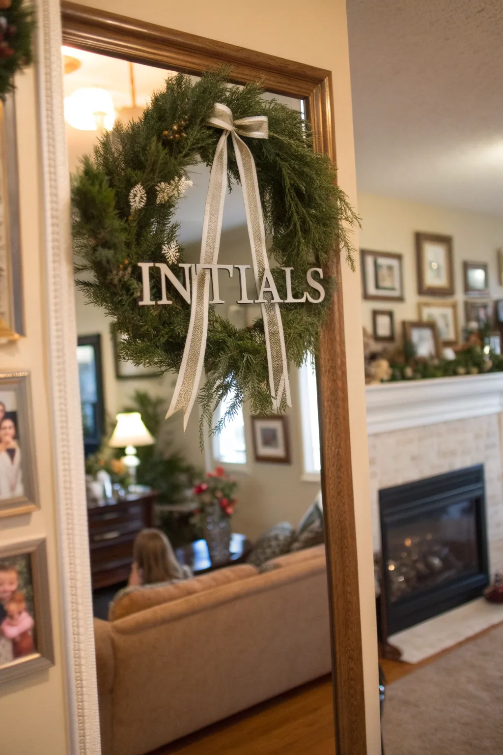 Initials add a personal touch to a mirror wreath, perfect for family spaces.