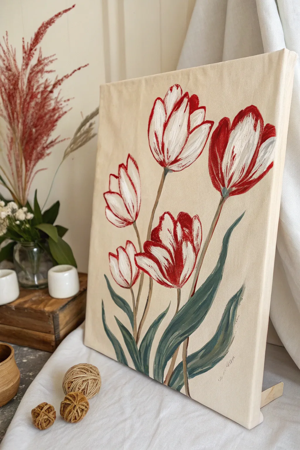 Discover the abstract beauty of tulips through vibrant contrasts and elegant brushwork.