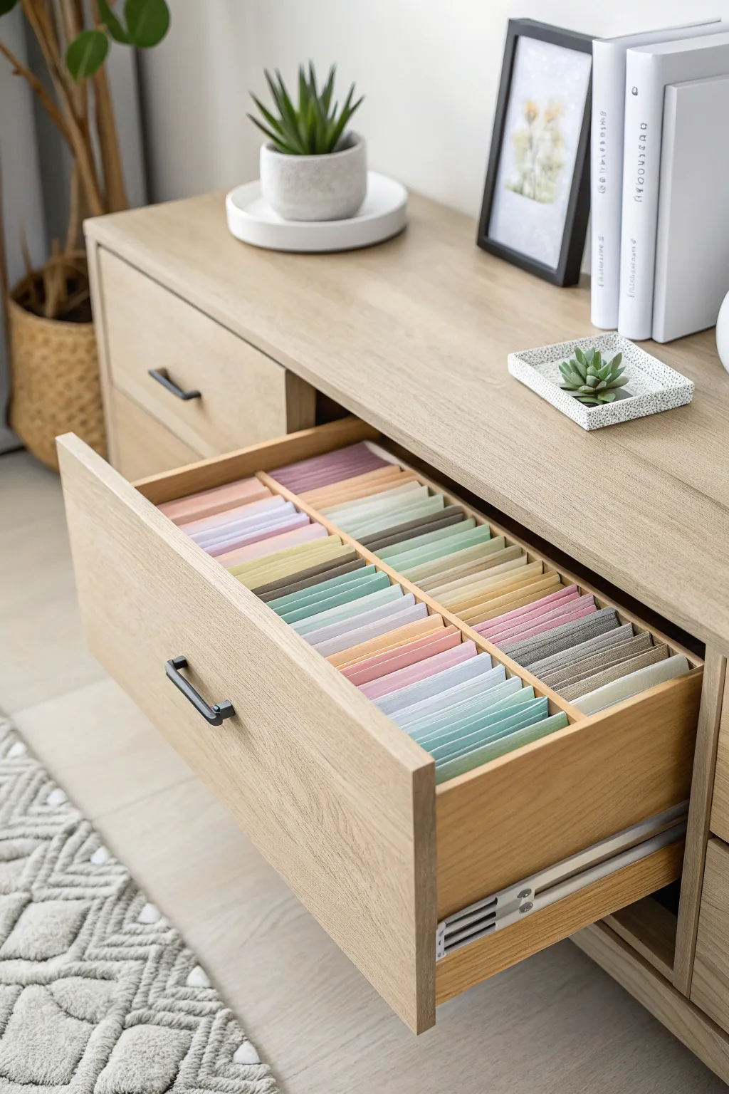 Effortless elegance meets functionality with these pull-out drawers, perfect for organizing your scrapbook paper collection in style. 🌿✨