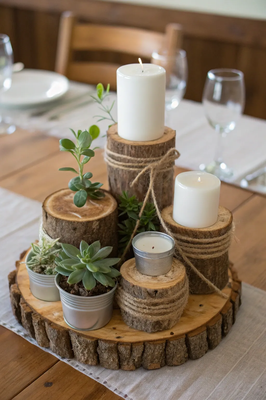 A rustic yet elegant centerpiece with wooden elements and silver highlights.