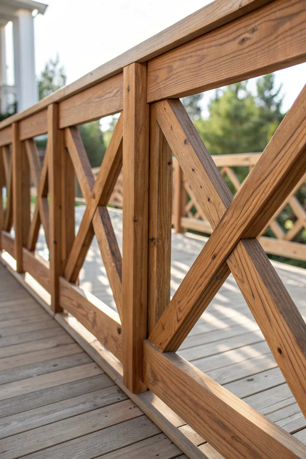 Elevate your deck with a stunning geometric twist. Discover the art of craftsmanship with this diagonal crisscross 2x4 railing design.