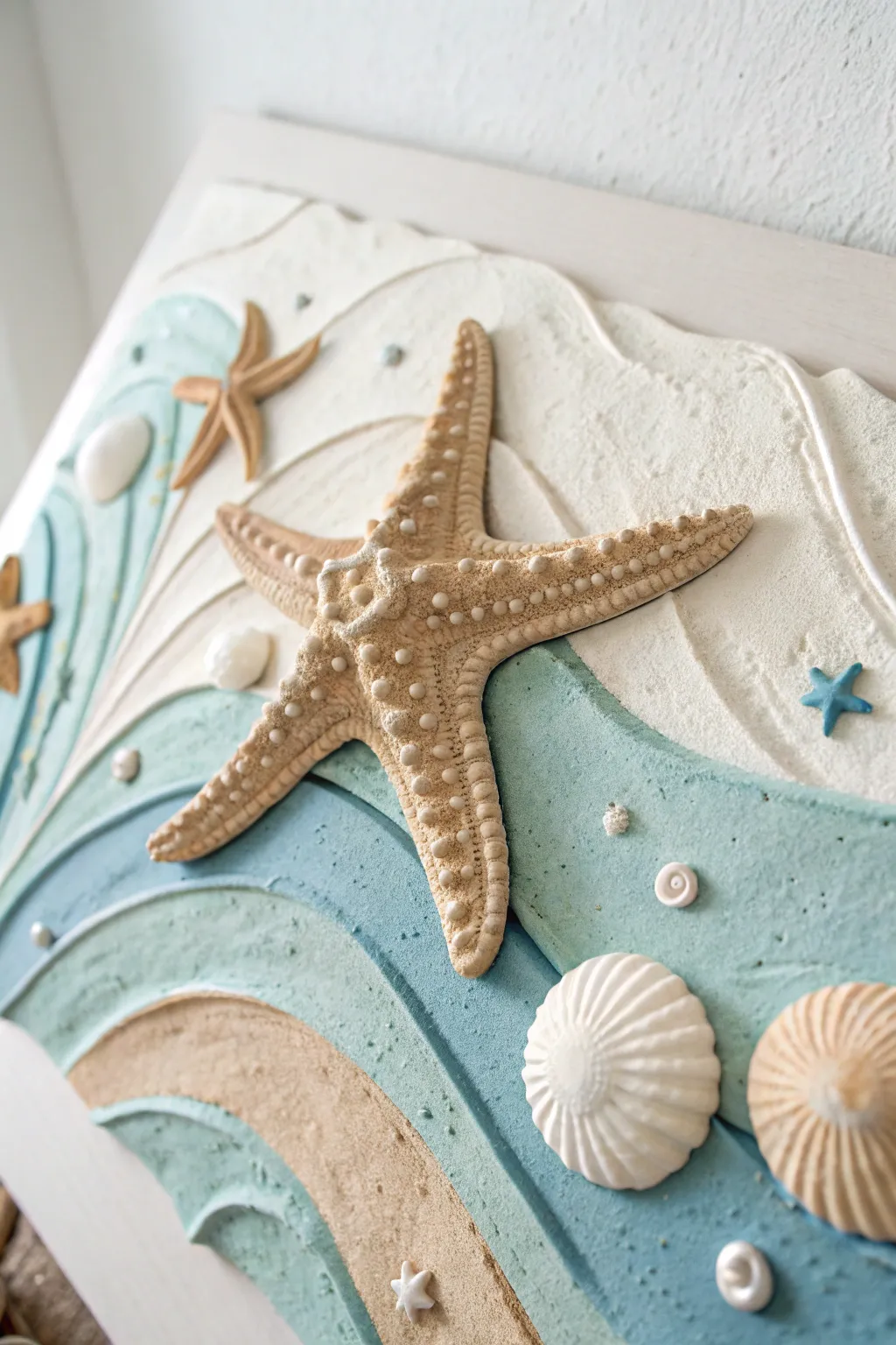 Bring the calming essence of the ocean indoors with this beautifully crafted starfish clay mural. Perfect for adding a touch of seaside serenity to your space.