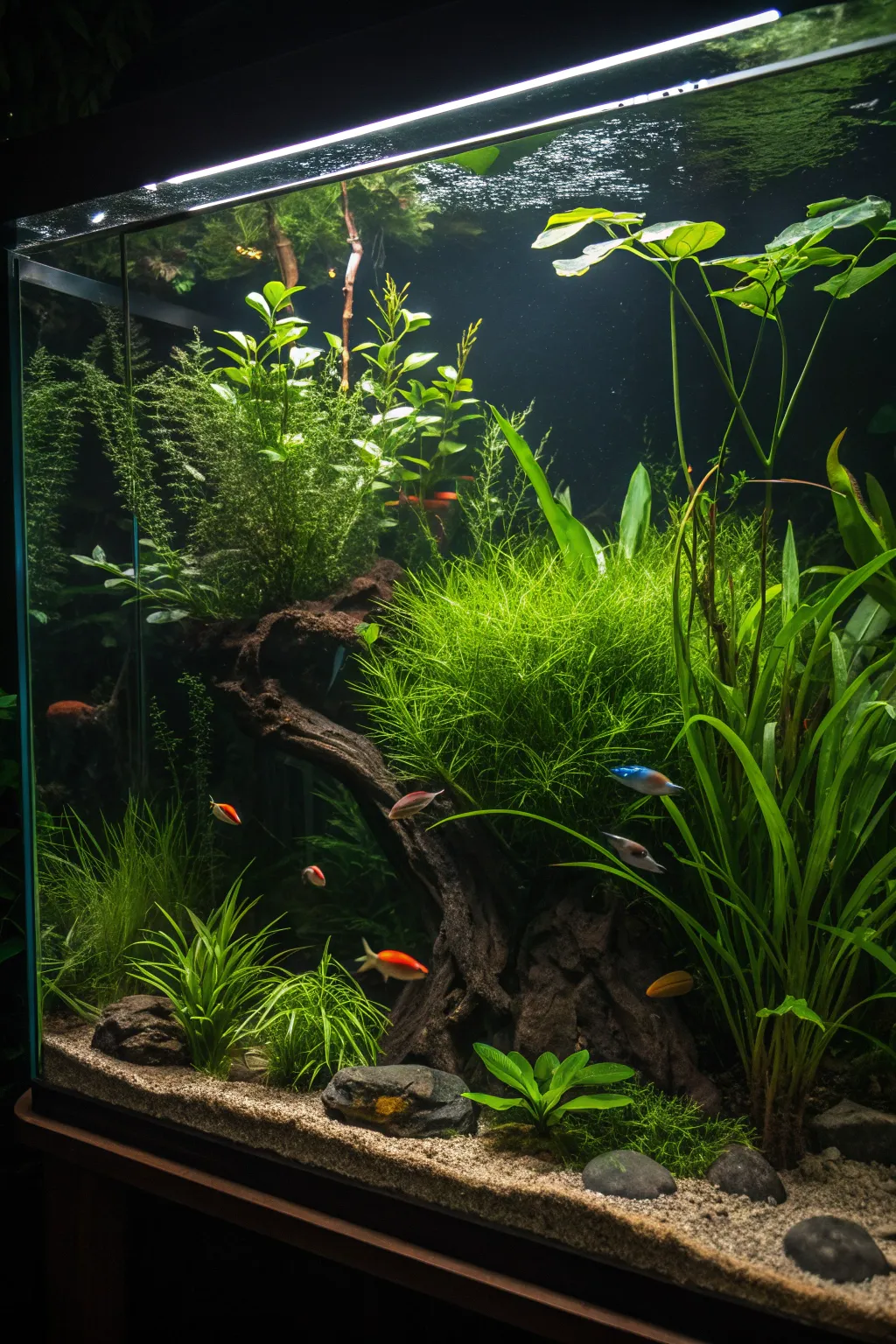 Dive into a rainforest retreat: Where vibrant fish meet lush greenery.