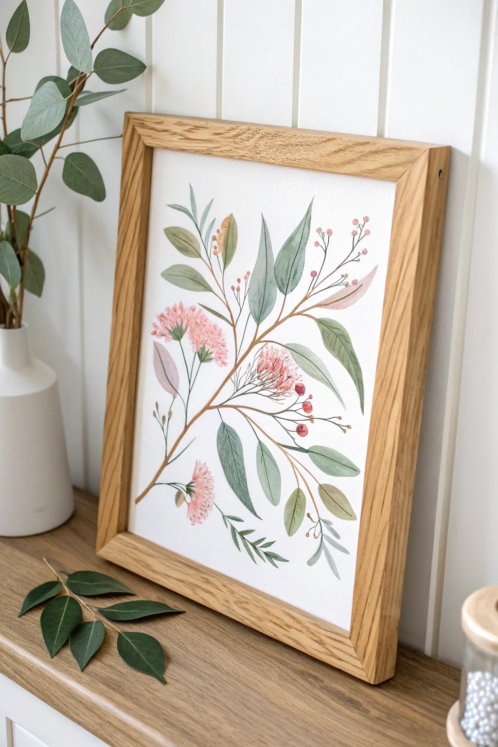 Enhance your space with the serene elegance of botanical art, where simplicity meets natural charm.
