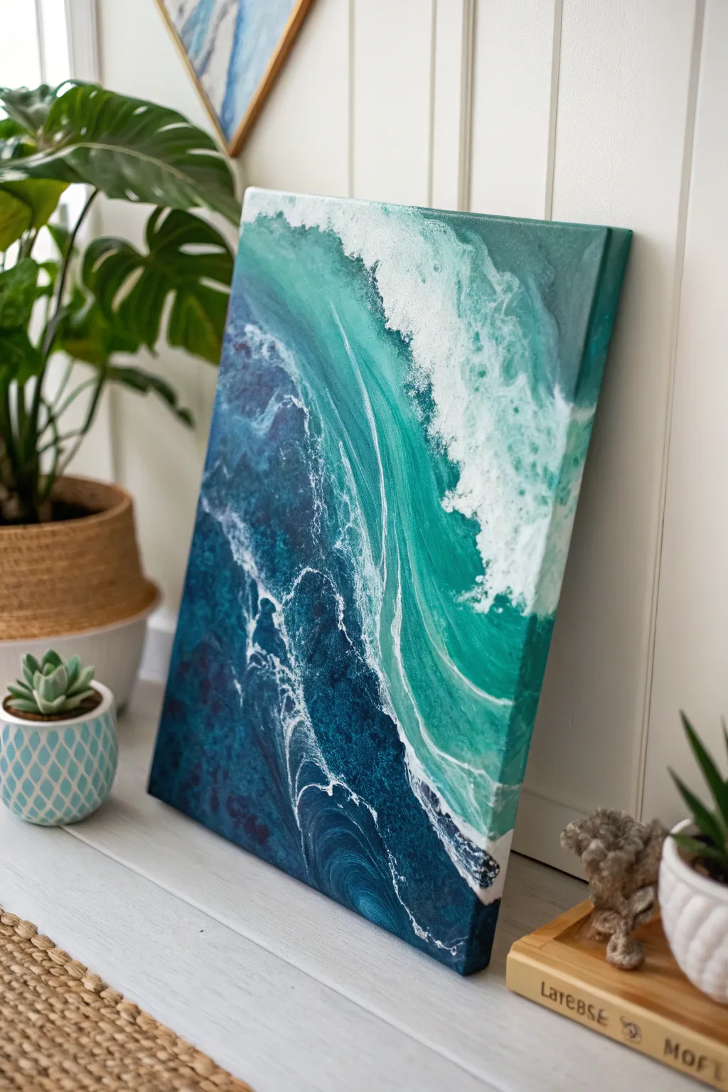 Embrace the serene beauty of oceanic waves through artful acrylic pour painting.