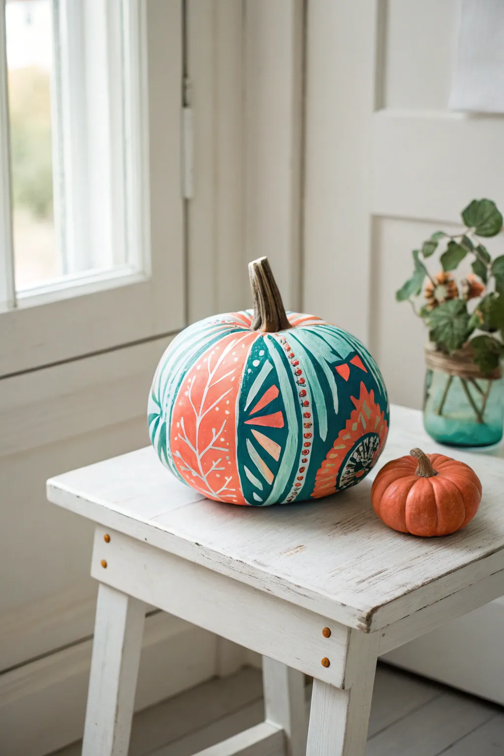Elevate your fall decor with a modern twist: abstract artistry on pumpkins in stunning hues of teal and coral.