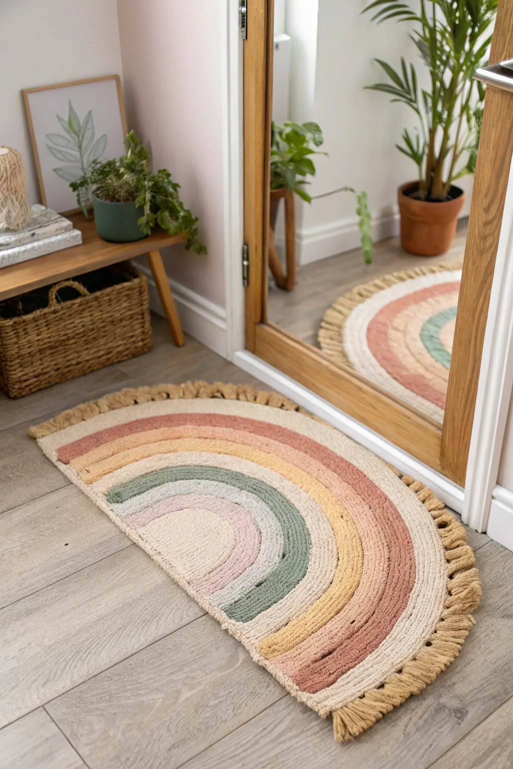 Step into serenity with this handcrafted rainbow doormat—a perfect blend of simplicity and charm.