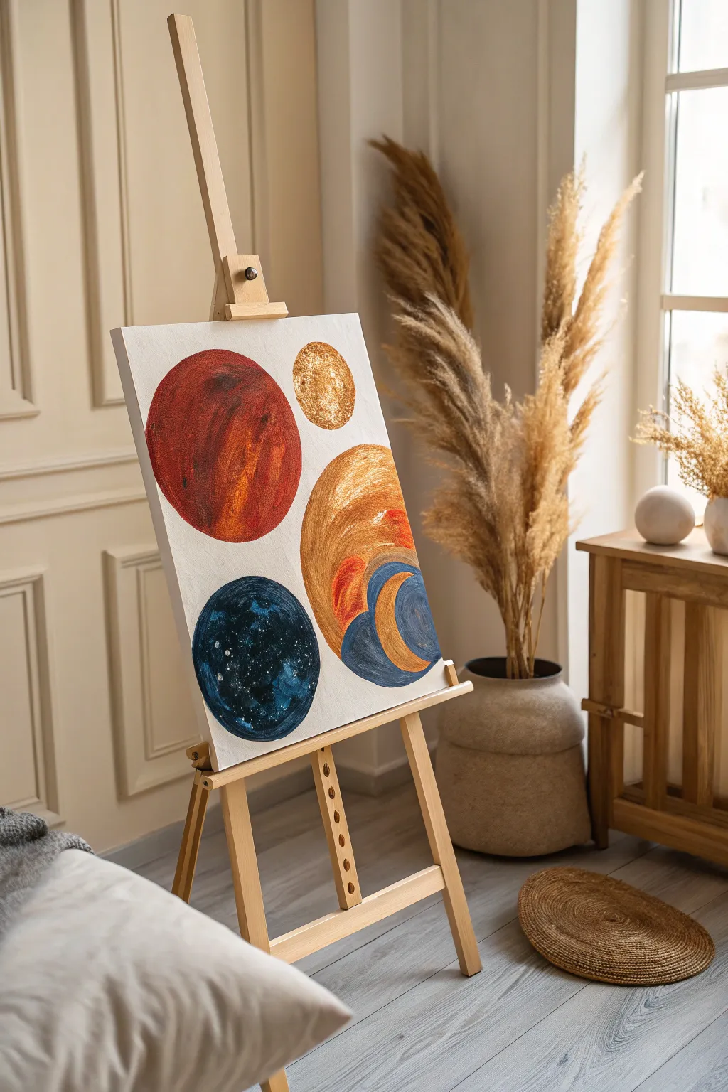 Explore the cosmos of creativity with 'Abstract Planetary Play' – where bold colors and minimalist design come together in a celestial dance.